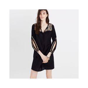 MADEWELL Women’s Black Embroidered Floral Slit-Sleeve Tassel Mini Dress Size XS